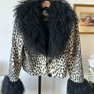 Leopard Print Teddy Jacket with Black Fur Trim